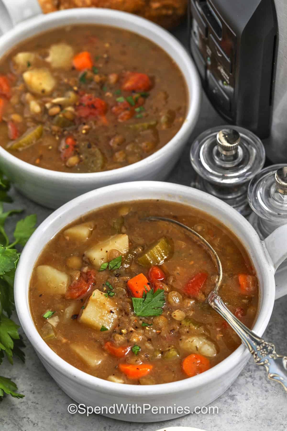 Slow Cooker Lentil Soup in bowls with a spoon