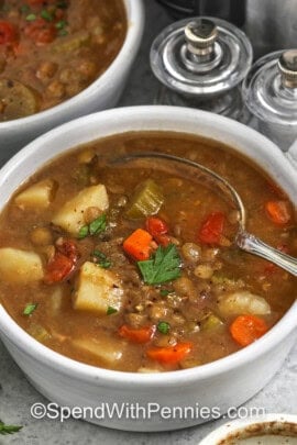 bowls of Slow Cooker Lentil Soup