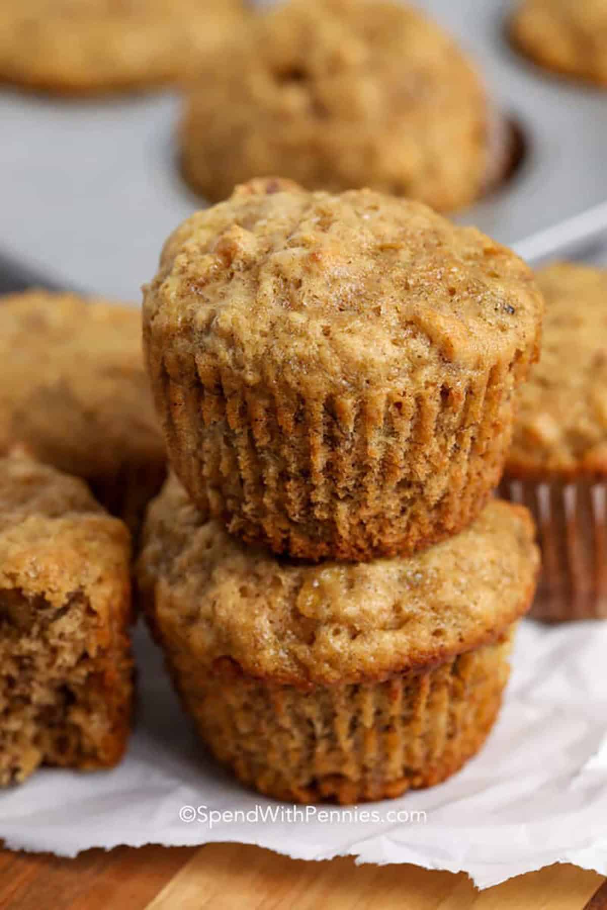 moist Banana Bread Muffins in a stack