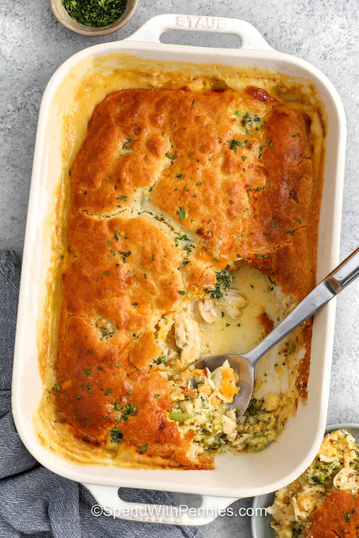 casserole dish of Cheddar Chicken Cobbler