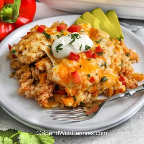 close up of cheesy Chicken Fajita Casserole