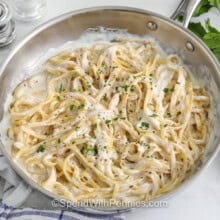 pot of Cottage Cheese Alfredo Sauce on fettuccini