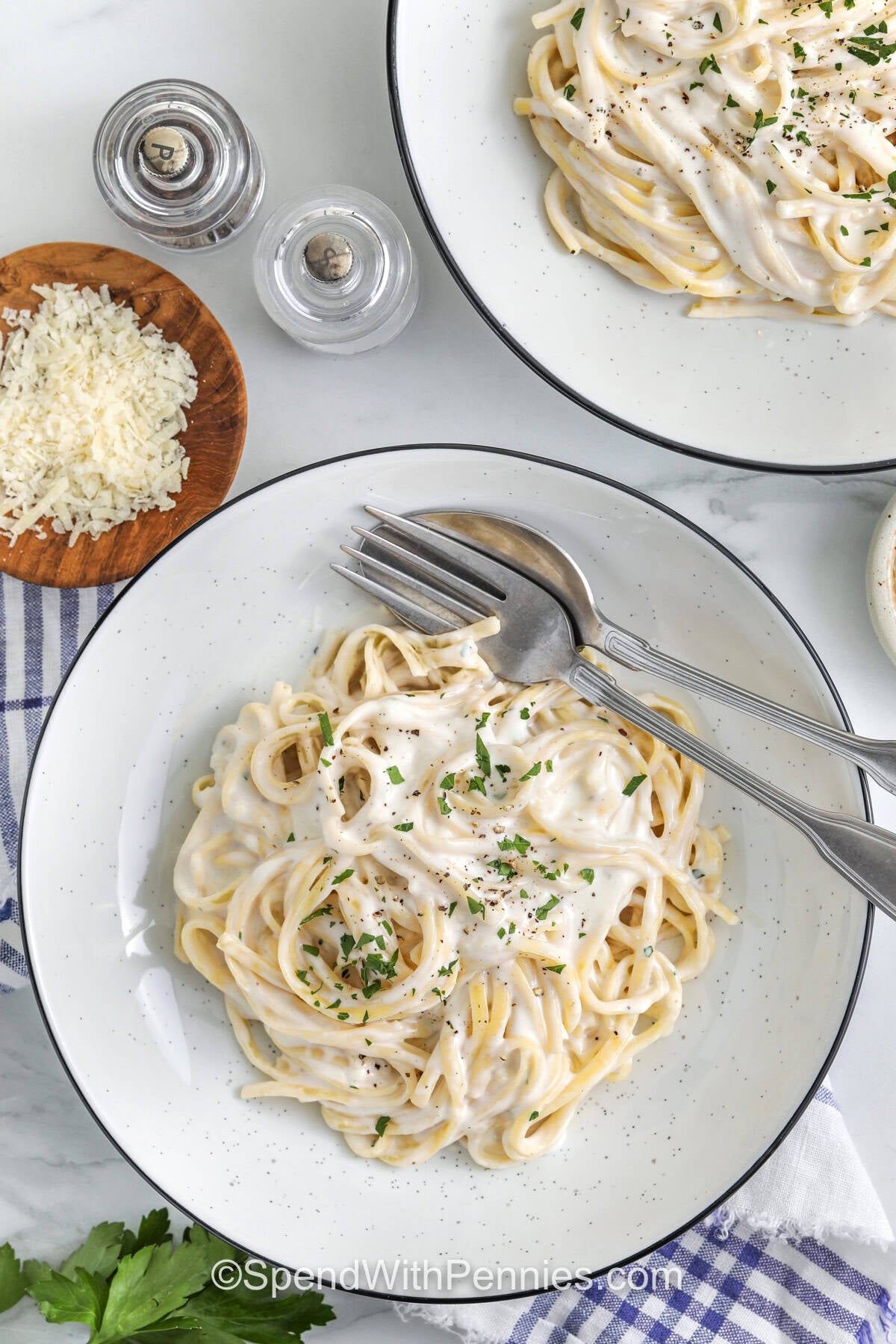 top view of plated fettuccini with Cottage Cheese Alfredo Sauce