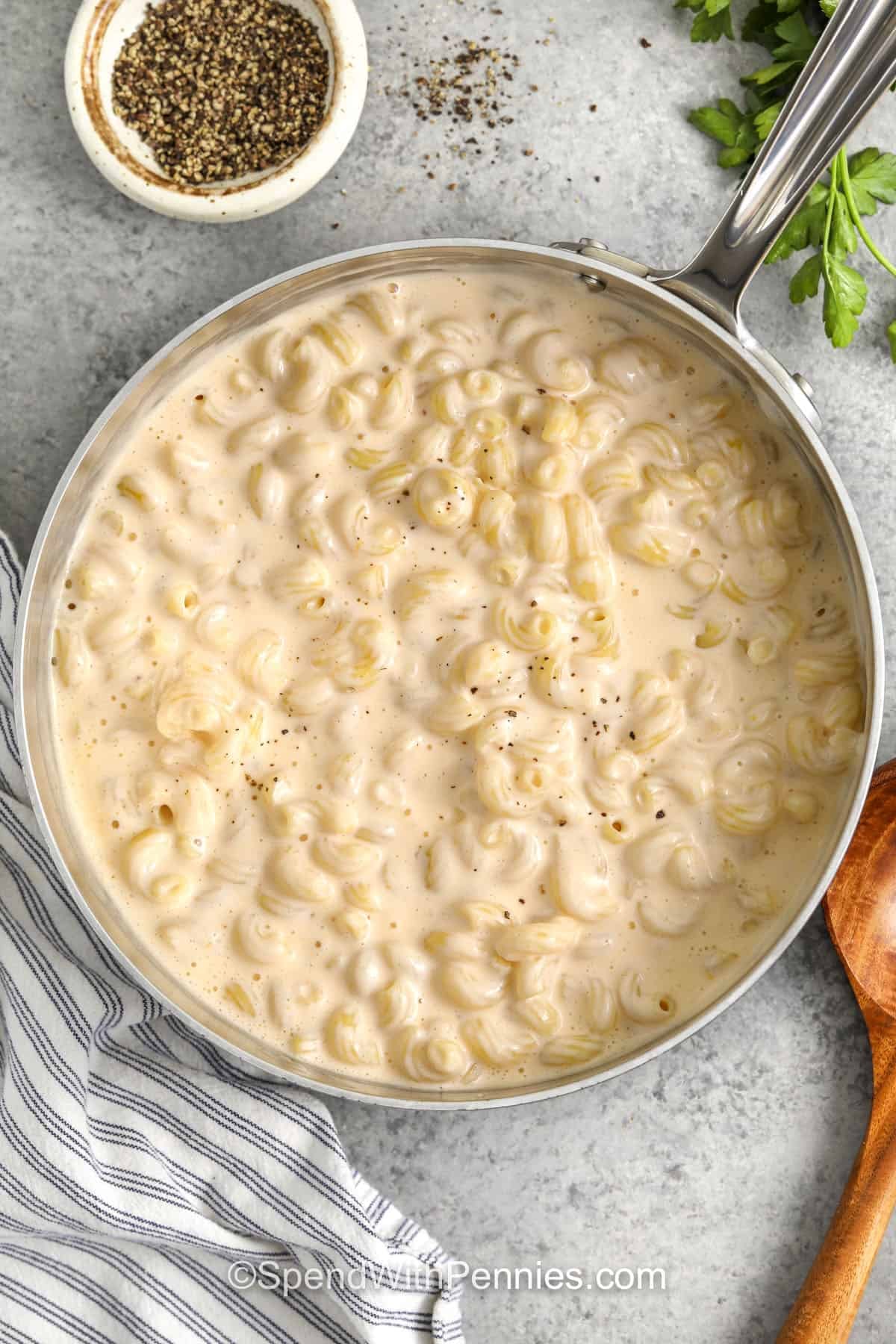 pot of Cottage Cheese Mac and Cheese