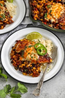plate of Cowboy Chicken with rice and jalapeños