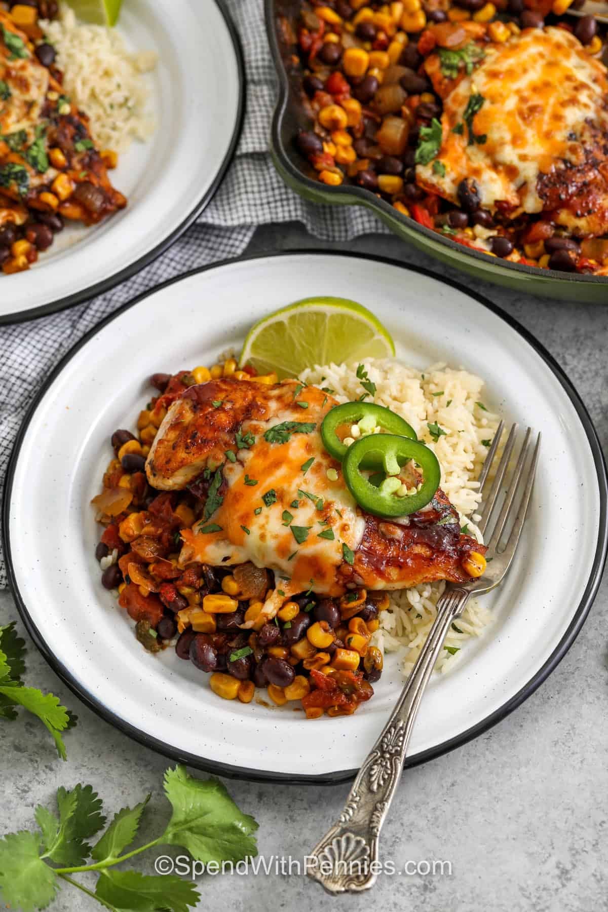 plate of Cowboy Chicken with rice and jalapeños