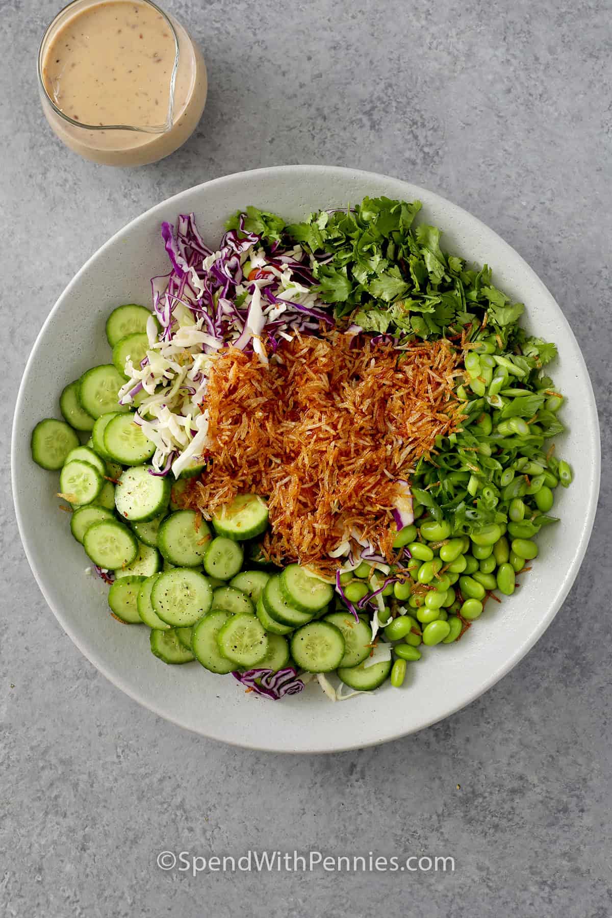 A large bowl with chopped cilantro, green onions, edamame, sliced cucumbers, coleslaw mix and crispy rice with dressing on the side.
