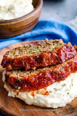 sliced Crockpot Meatloaf with mashed potatoes