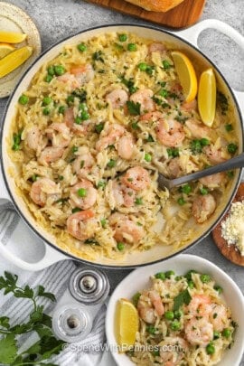 Garlic Butter Shrimp Orzo in a pot and in a bowl