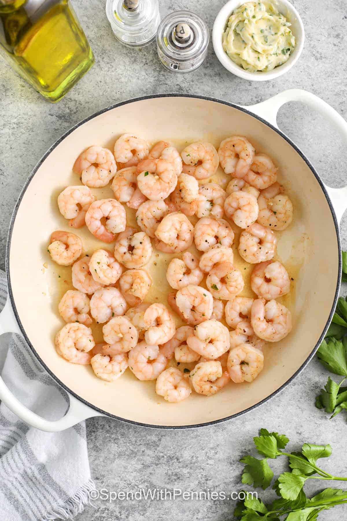 cooking shrimp to make Garlic Butter Shrimp Orzo