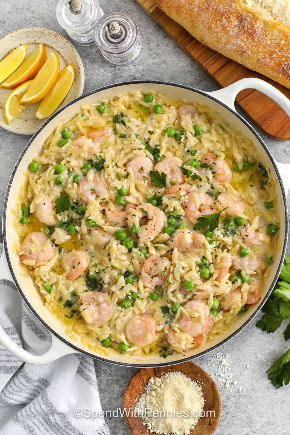 creamy Garlic Butter Shrimp Orzo in a pot