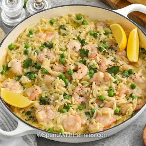 Garlic Butter Shrimp Orzo in the pot with lemon slices