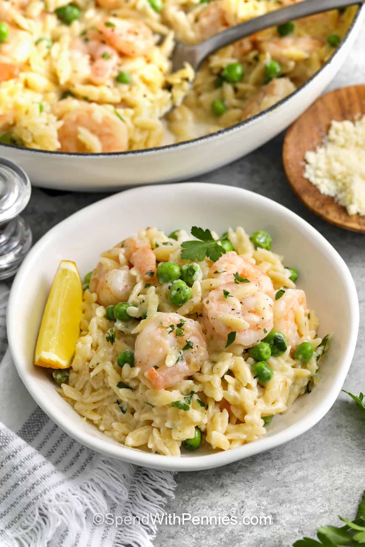 plated dish of Garlic Butter Shrimp Orzo