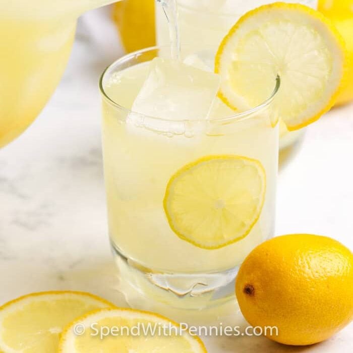 Homemade Lemonade being poured into a glass