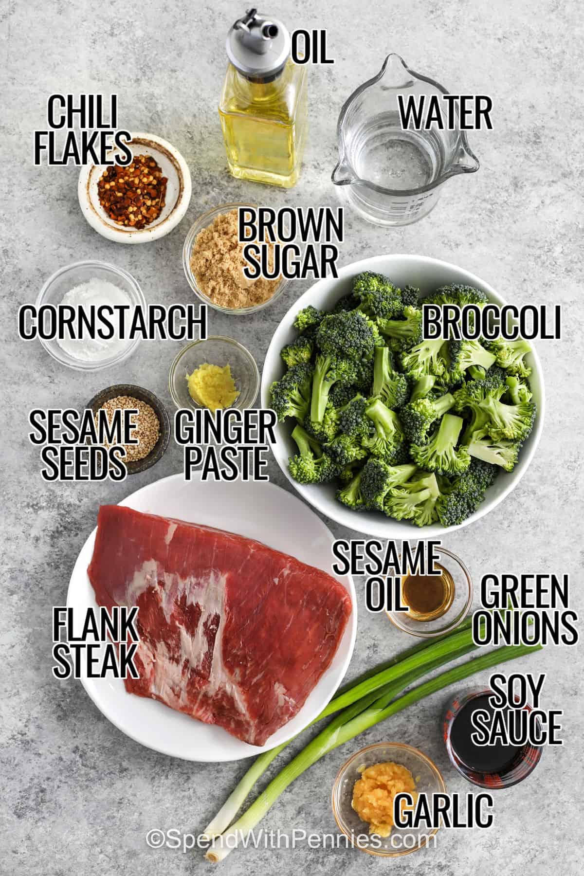 This beef and broccoli recipe is the kind of quick dinner that feels extra satisfying on a busy night. Thinly sliced steak cooks fast, broccoli stays crisp-tender, and the garlic, ginger, soy sauce, and sesame oil create a glossy stir-fry sauce that clings to every bite. Serve it over rice for a homemade dinner that delivers the same comfort and flavor people love in classic takeout. #spendwithpennies chili flakes , oil , water , brown sugar , cornstarch , ginger paste , sesame seeds , broccoli , sesame oil , green onions , soy sauce , garlic , flank steak with labels to make Beef and Broccoli Recipe
