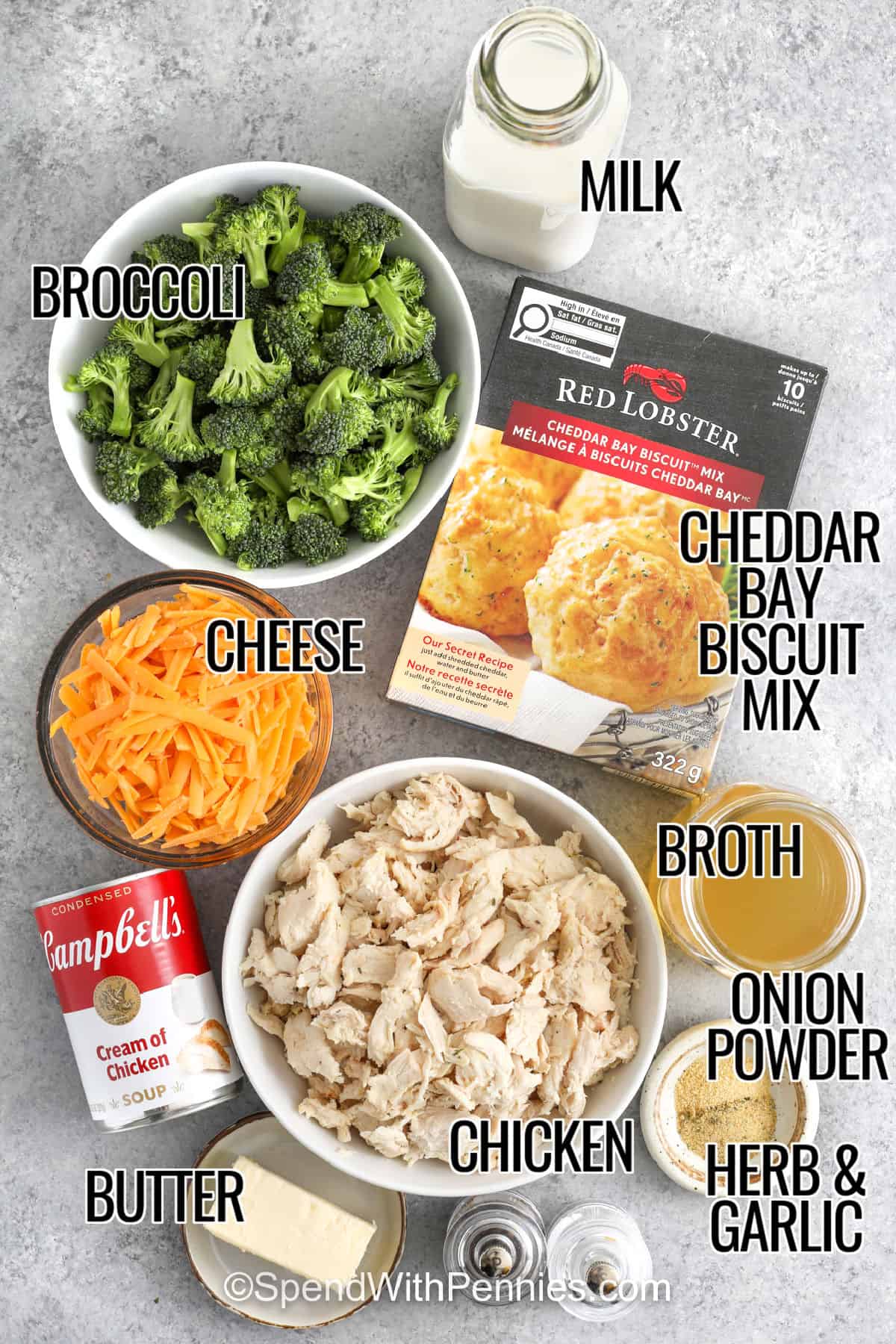 This biscuit-topped chicken cobbler recipe combines a creamy chicken and broccoli base with a cheesy topping that bakes until beautifully golden. It has all the appeal of a classic casserole, but the biscuit layer gives it extra texture and flavor that make it stand out. This is a useful recipe to save for meal trains, family suppers, or chilly evenings when a warm pan of baked comfort food is exactly what sounds good. #spendwithpennies broccoli , milk cheddar bay biscuit mix, cheese , chicken , cream of chicken soup , butter , broth , onion powder , herb and garlic seasoning with labels to make Cheddar Chicken Cobbler