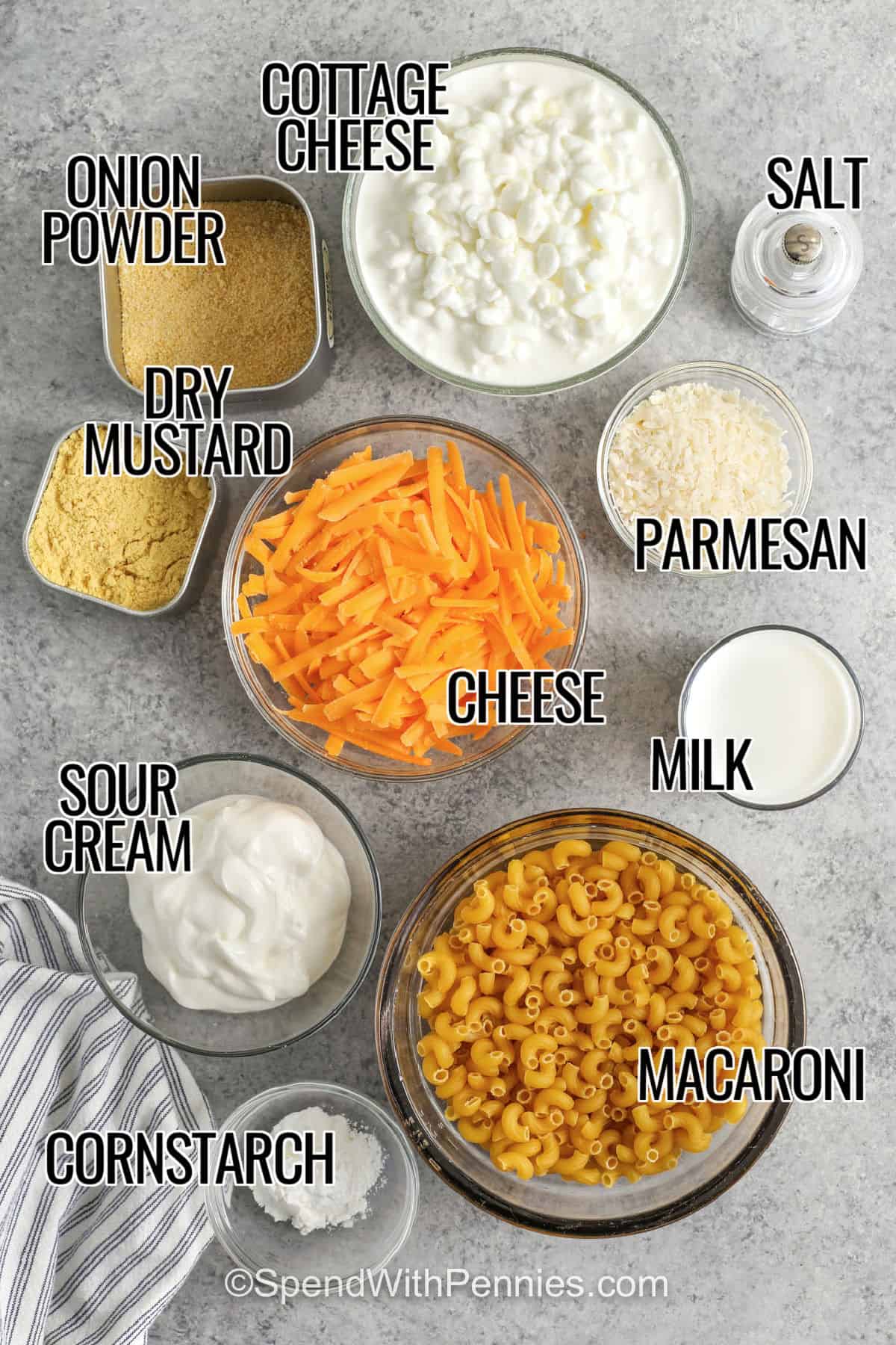 onion powder , dry mustard , cottage cheese , parmesan , cheese ,sour cream , cornstarch , milk , macaroni , salt with labels to make Cottage Cheese Mac and Cheese