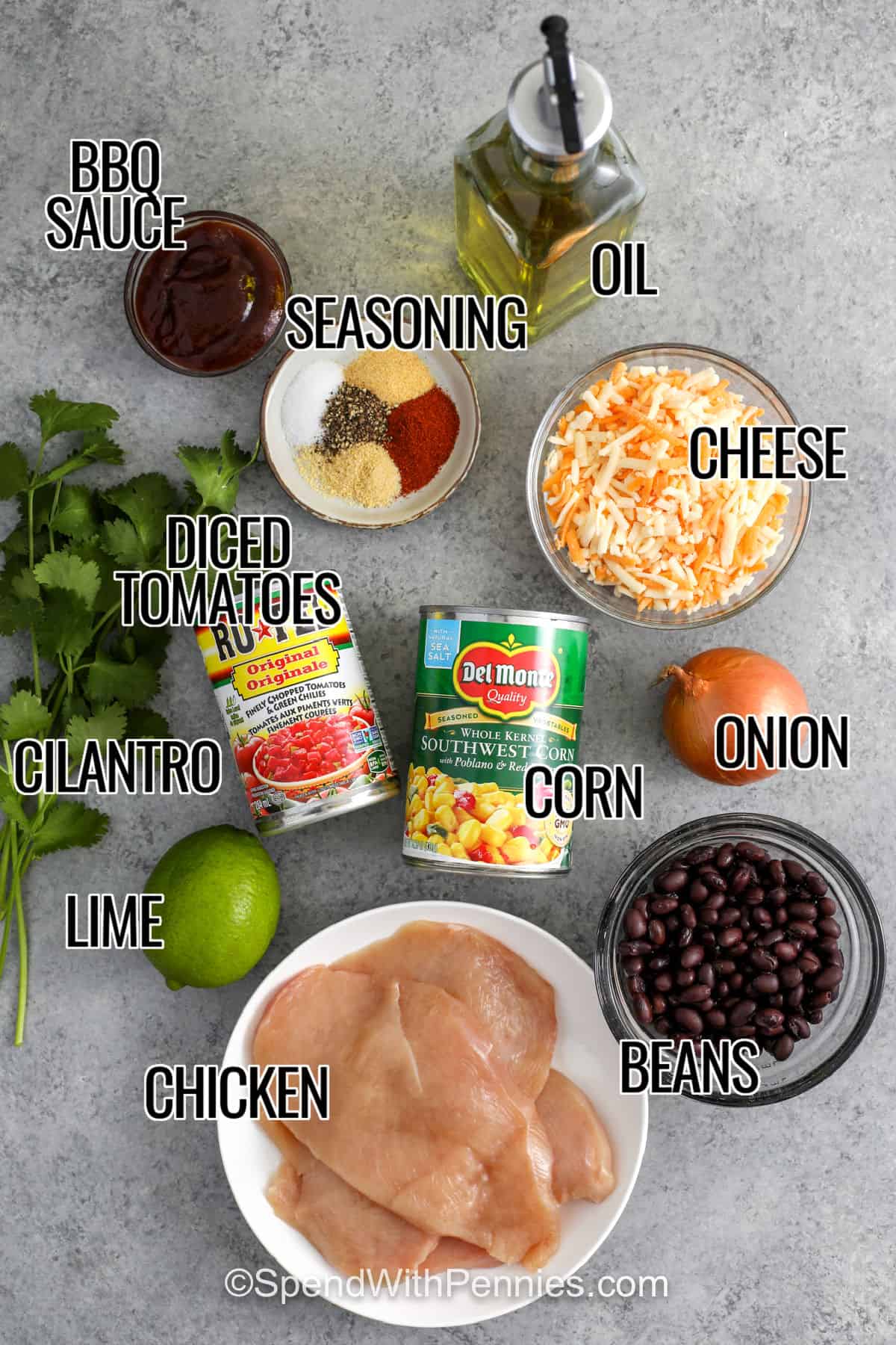 bbq sauce , seasoning , oil , cheese , corn , diced tomatoes , onion , cilantro , lime , beans and chicken with labels to make Cowboy Chicken