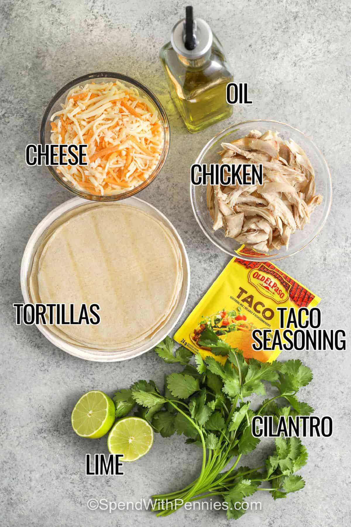 cheese , oil , chicken , tortillas , taco seasoning , cilantro and lime with labels to make Crispy Chicken Tacos