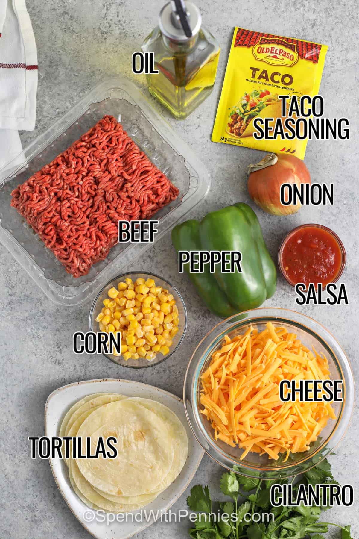 oil , taco seasoning , beef , pepper , onion , salsa , corn , cheese , cilantro , tortillas with labels to make Crispy Tacos