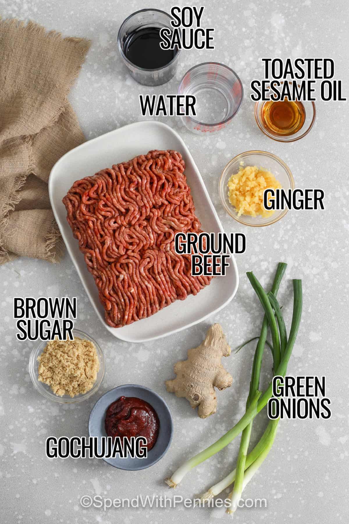 Ingredients to make a Korean Beef Bowl labeled: soy sauce, toasted sesame oil, ginger, ground beef, brown sugar, gochujang, and green onions