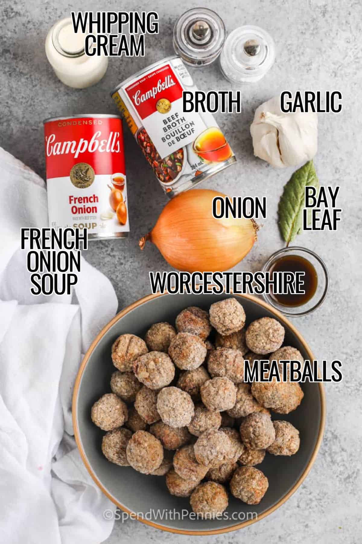Slow Cooker meatballs and gravy is an easy recipe to save for busy weeknights, Sunday supper, or make-ahead meals. The sauce is creamy and flavorful, with onion, broth, and seasonings that give it a hearty, homemade taste. Whether you use frozen meatballs for speed or homemade ones for extra flavor, this recipe delivers a warm and satisfying dinner with minimal fuss. #spendwithpennies whipping cream , broth , French onion soup , onion , garlic , bay leaf , Worcestershire , meatballs with labels to make Slow Cooker Meatballs