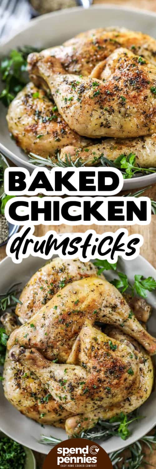 Baked Chicken Legs on a plate and close up photo with a title