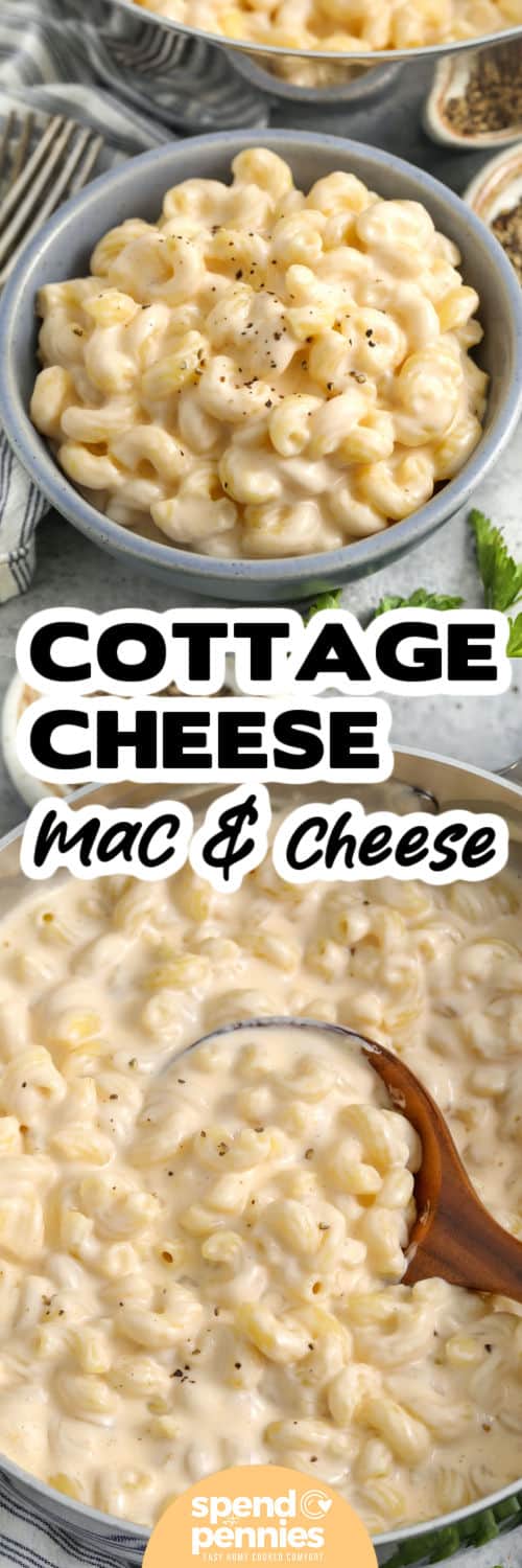 Cottage Cheese Mac and Cheese in the pot and plated with a title