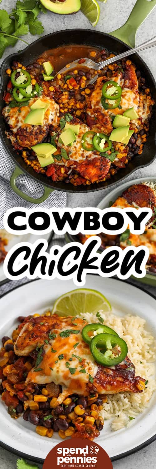 Cowboy Chicken in the pan and plated with a title
