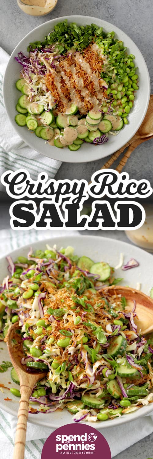 Overhead view and closeup view of Crispy Rice Salad with text.