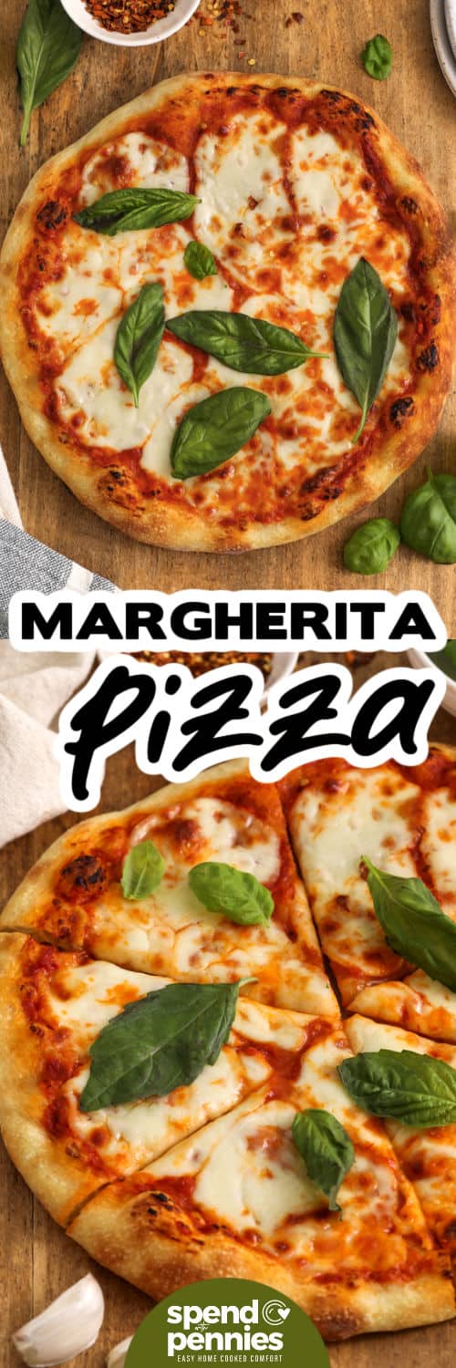 Margherita Pizza on a wooden cutting board and close up photo with a title