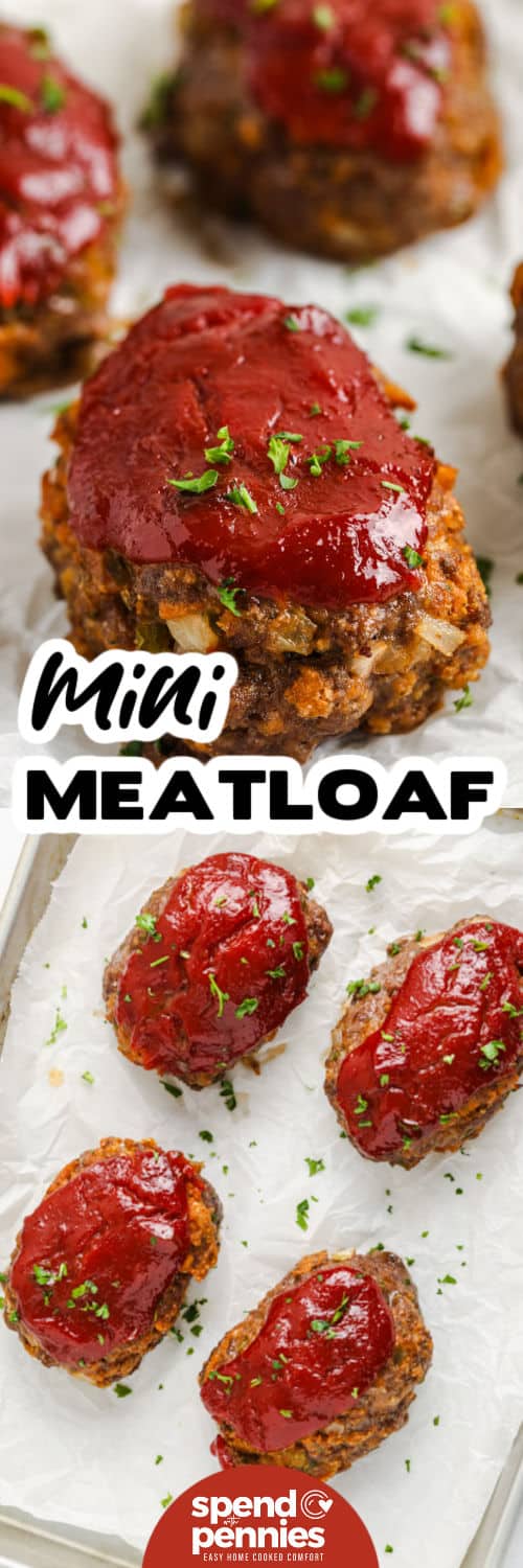 This mini meatloaf recipe is simple enough for a weeknight but satisfying enough to feel like a real comfort meal. The smaller loaves cook quickly, the sautéed onion and pepper add moisture and flavor, and the ketchup chili sauce topping gives them that familiar meatloaf finish. Pair these mini meatloaves with green beans, carrots, or creamy potatoes for a dinner that feels warm, easy, and family-friendly. #spendwithpennies Mini Meatloaf Recipe on a sheet pan and close up with a title