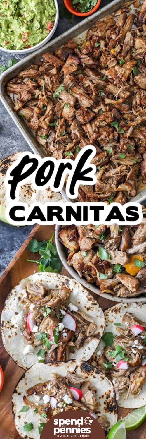 Pork Carnitas on a sheet pan and bottom photo on tortillas with a title