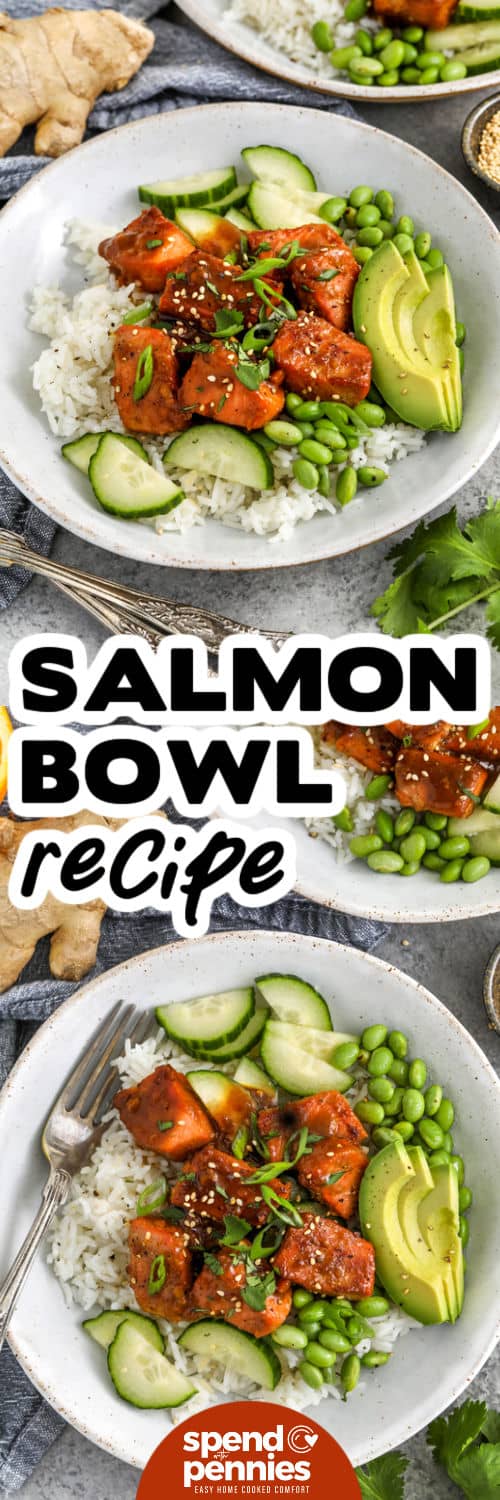 You will love this salmon bowl recipe for an easy dinner packed with sweet, savory, and citrus flavor. The salmon is marinated in soy sauce, honey, ginger, and orange juice, then cooked until tender and lightly caramelized. A quick pan sauce brings everything together into a tasty glaze. Served over rice, it becomes a comforting and colorful bowl meal. This salmon rice bowl recipe is perfect for simple weeknight cooking. #spendwithpennies plated Salmon Bowl Recipe and top view with a title