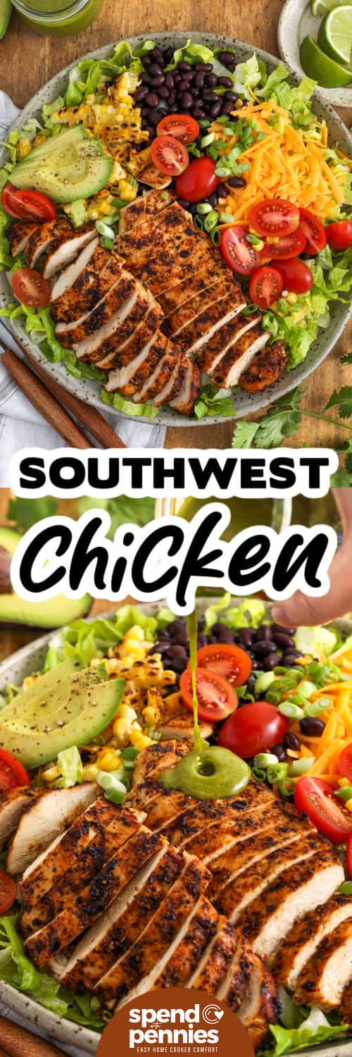 plated Southwest Salad and close up photo of adding dressing to salad with a title