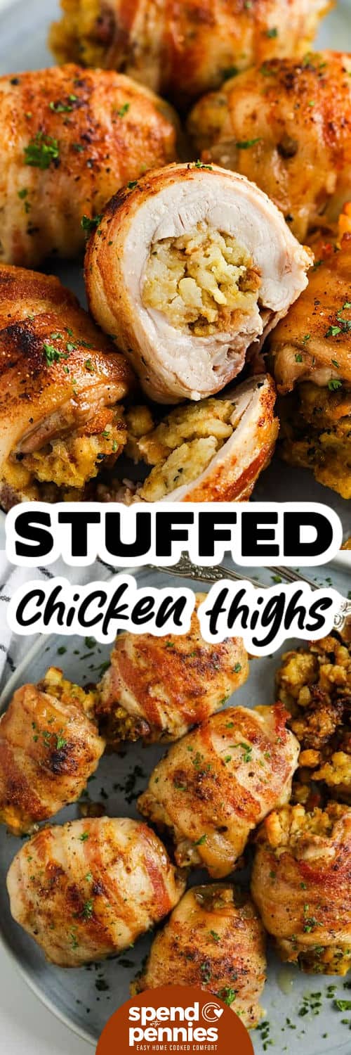 These stuffed chicken thighs with savory stuffing and paprika are full of cozy, classic flavor. The mild seasoning lets the bacon and stuffing stand out, while the chicken stays tender as it bakes. This is an easy dinner to save for weeknights, holidays, or anytime you want something hearty that pairs well with vegetables, potatoes, or a simple salad on the side. #spendwithpennies Stuffed Chicken Thighs on a plate and close up of a piece cut in half to show inside with a title