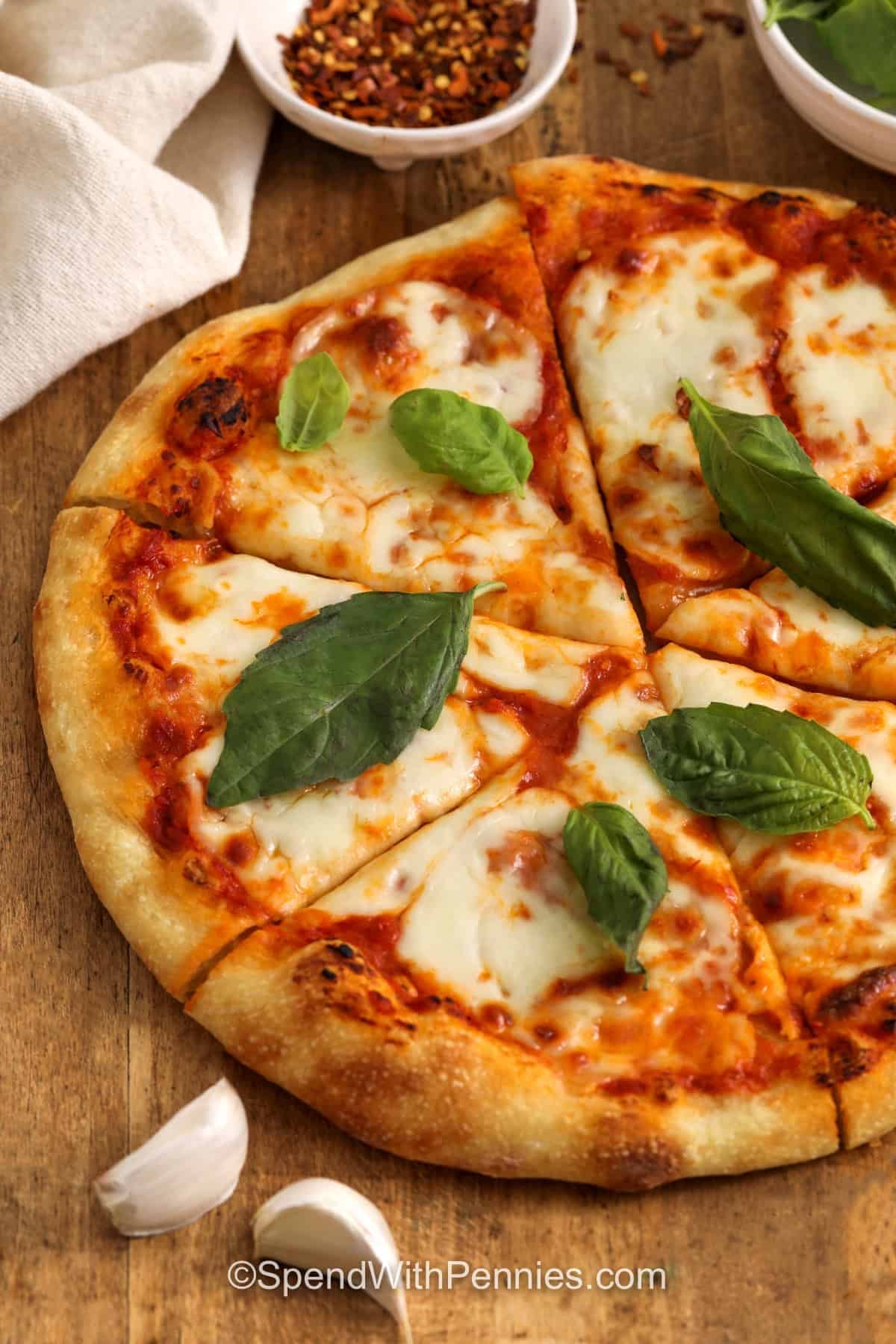 close up of cheesy Margherita Pizza