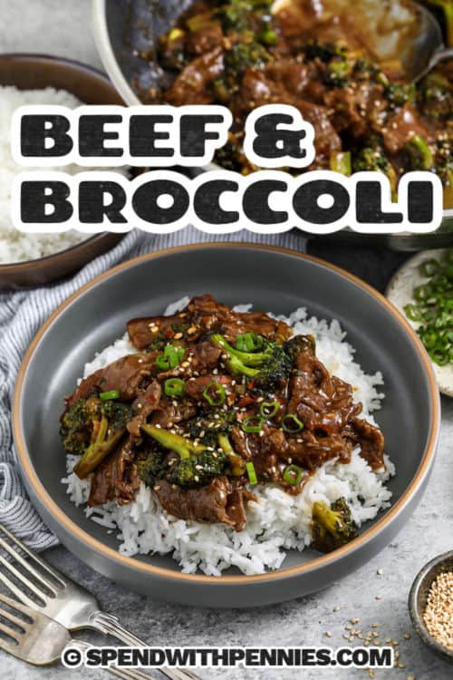 This homemade beef and broccoli recipe is perfect for nights when you need something filling and flavorful with very little fuss. The sauce comes together with pantry staples, the broccoli cooks quickly, and the whole skillet dinner is ready to spoon over warm rice. It has the right mix of savory richness, slight sweetness, and fresh green crunch in every bite. #spendwithpennies bowl of Beef and Broccoli Recipe on rice with a title
