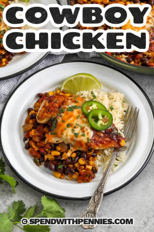 plate of Cowboy Chicken on rice with a title