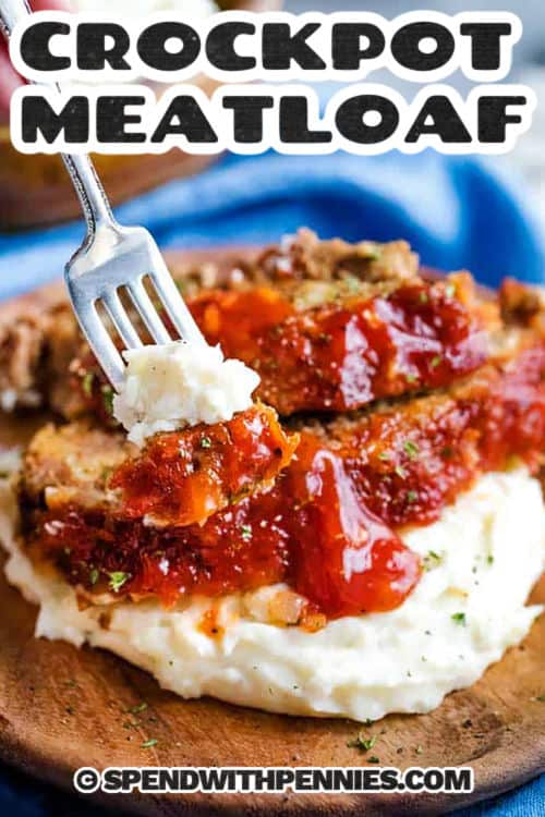 plated Crockpot Meatloaf with some on a fork and a title