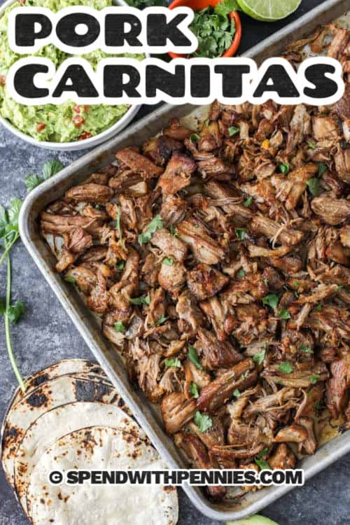 sheet pan of Pork Carnitas with a title