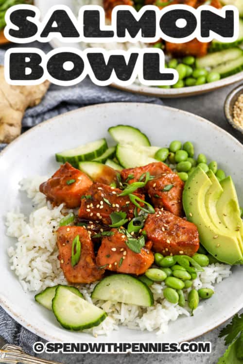 Try this easy salmon bowl recipe for a fresh and flavorful rice bowl with tender salmon and citrus glaze. The honey, orange juice, soy sauce, and ginger cook into a rich sauce that coats every bite of salmon. Served over fluffy rice, it becomes a balanced meal with sweet and savory flavors in every forkful. Add toppings like avocado, cucumber, or green onions for extra crunch and freshness. This easy salmon rice bowl is perfect for simple dinners or meal prep. #spendwithpennies Salmon Bowl Recipe with rice and a title