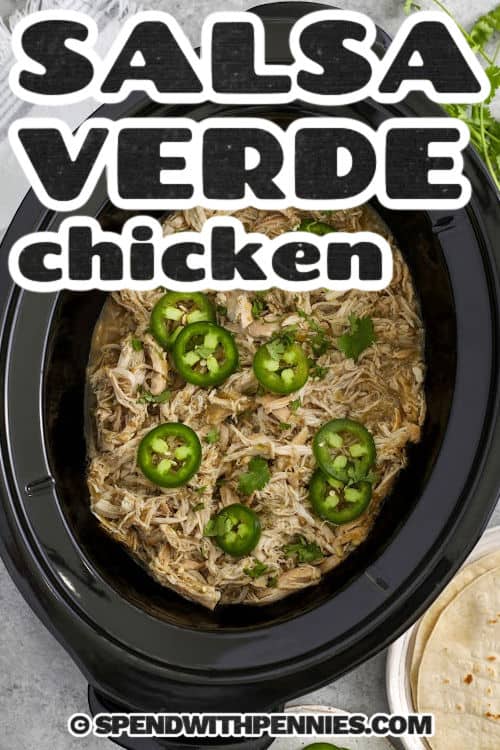 tangy Salsa Verde Chicken in a slow cooker with a title