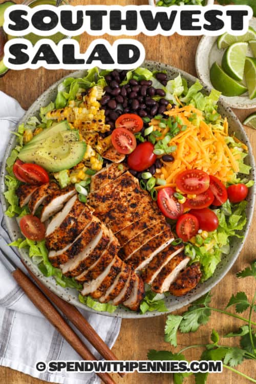 bowl of Southwest Salad with cheese and a title