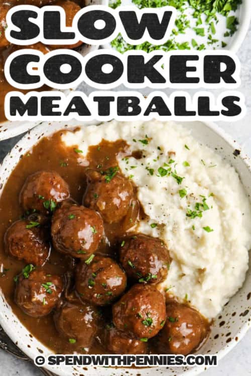 Slow Cooker meatballs and gravy are the kind of comfort food dinner that feels hearty and homemade without a lot of work. Tender meatballs cook in a rich onion gravy made with beef broth, French onion soup, Worcestershire sauce, and a little cream for a silky finish. This recipe is especially good served over mashed potatoes or egg noodles and works well with frozen or homemade meatballs. #spendwithpennies Slow Cooker Meatballs on mashed potatoes with a title