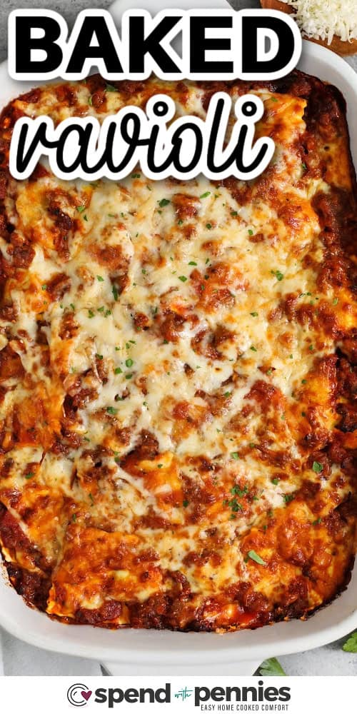 If you need a baked ravioli lasagna that is simple enough for weeknights but comforting enough for guests, this one checks every box. The combination of sausage, marinara, cheese ravioli, mozzarella, and Parmesan give it a rich, classic flavor profile. It is especially handy when you want a freezer-friendly casserole that reheats well for lunch or another dinner later in the week. #spendwithpennies casserole dish full of Baked Ravioli with a title