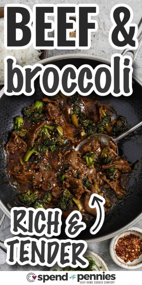 This easy beef and broccoli recipe is packed with flavor from soy sauce, toasted sesame oil, garlic, and ginger, all simmered into a silky sauce. The steak stays tender when sliced thinly across the grain, and the broccoli catches all that savory glaze. It is a practical dinner idea for anyone who wants a homemade meal that is fast, cozy, and worth saving. #spendwithpennies rich and tender Beef and Broccoli Recipe with a title