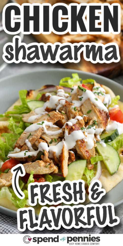 This oven chicken shawarma recipe gives you deeply seasoned chicken without needing a rotisserie or grill. Chicken thighs or cutlets are coated in yogurt, lemon, garlic, olive oil, and shawarma spices, then stacked in a loaf pan and baked until tender. Slice the chicken thin, drizzle it with the reserved juices, and serve it in wraps, bowls, or salads with crunchy toppings. #spendwithpennies fresh and flavorful Chicken Shawarma with writing