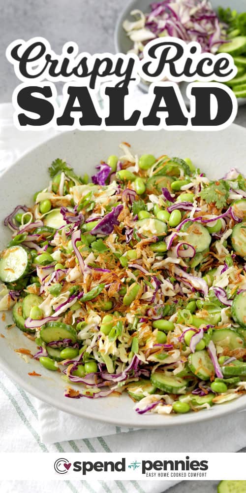 Bowl of tossed Crispy Rice Salad with text.