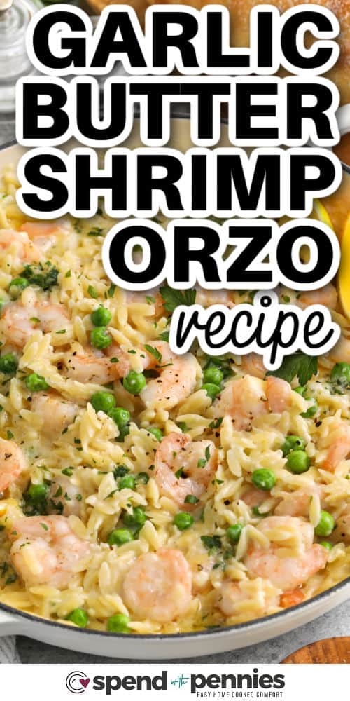 Garlic Butter Shrimp Orzo with lemon slices